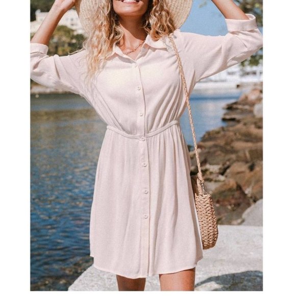 Cupshe Other - Beige Shirt Collar Summer Bathing Suit Coverup Mini Dress Size Large